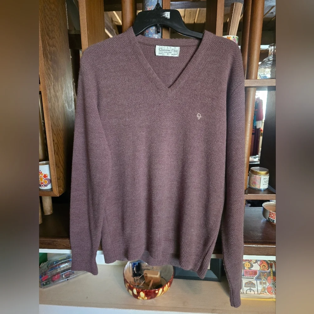 Vintage Christian Dior Monsieur Sweater Light Brown  Mens Knit V Neck Medium